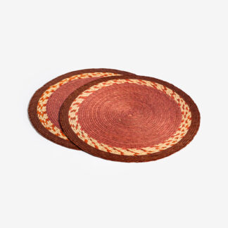 Makaua Handwoven Palm Placemat, Round - red pattern
