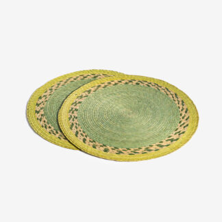 Makaua Handwoven Palm Placemat, Round - green pattern